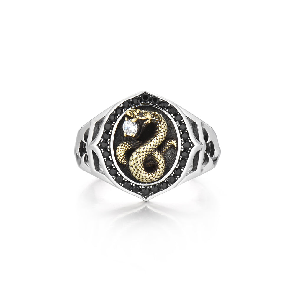 Python Gold Ring Venomous Sovereign Python Signet | S925 Silver & Black Zircon Ring ...