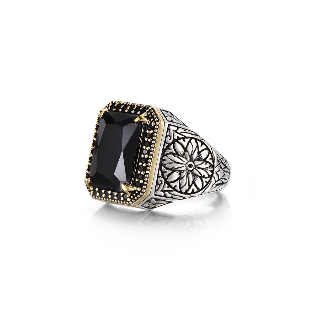 Vintage Floral Black Onyx Signet Ring