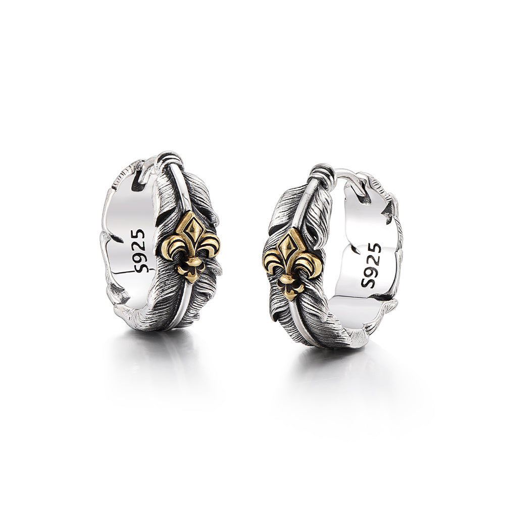 Vintage Two-Tone Fleur-de-lis Feather Hoop Earrings