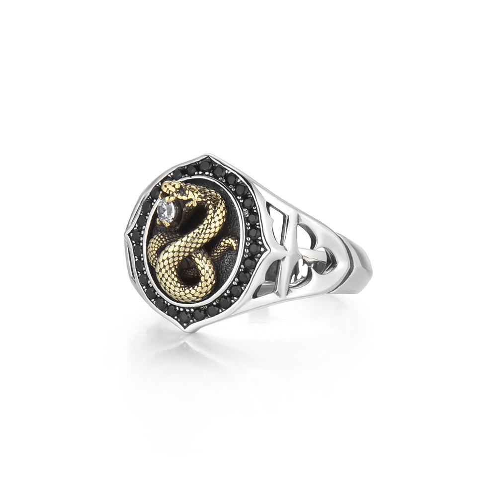 Python Gold Ring Venomous Sovereign Python Signet | S925 Silver & Black Zircon Ring ...