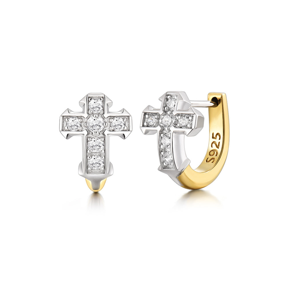Two Tone Iced Cross Hoop Earrings