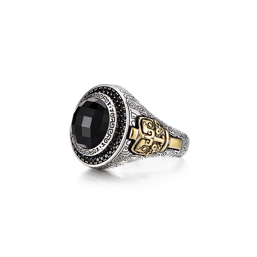 Bronze Pattern Black Onyx Signet Ring