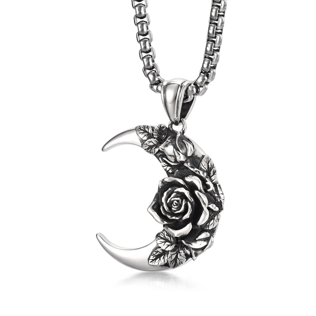Vintage Crescent Moon & Rose Pendant