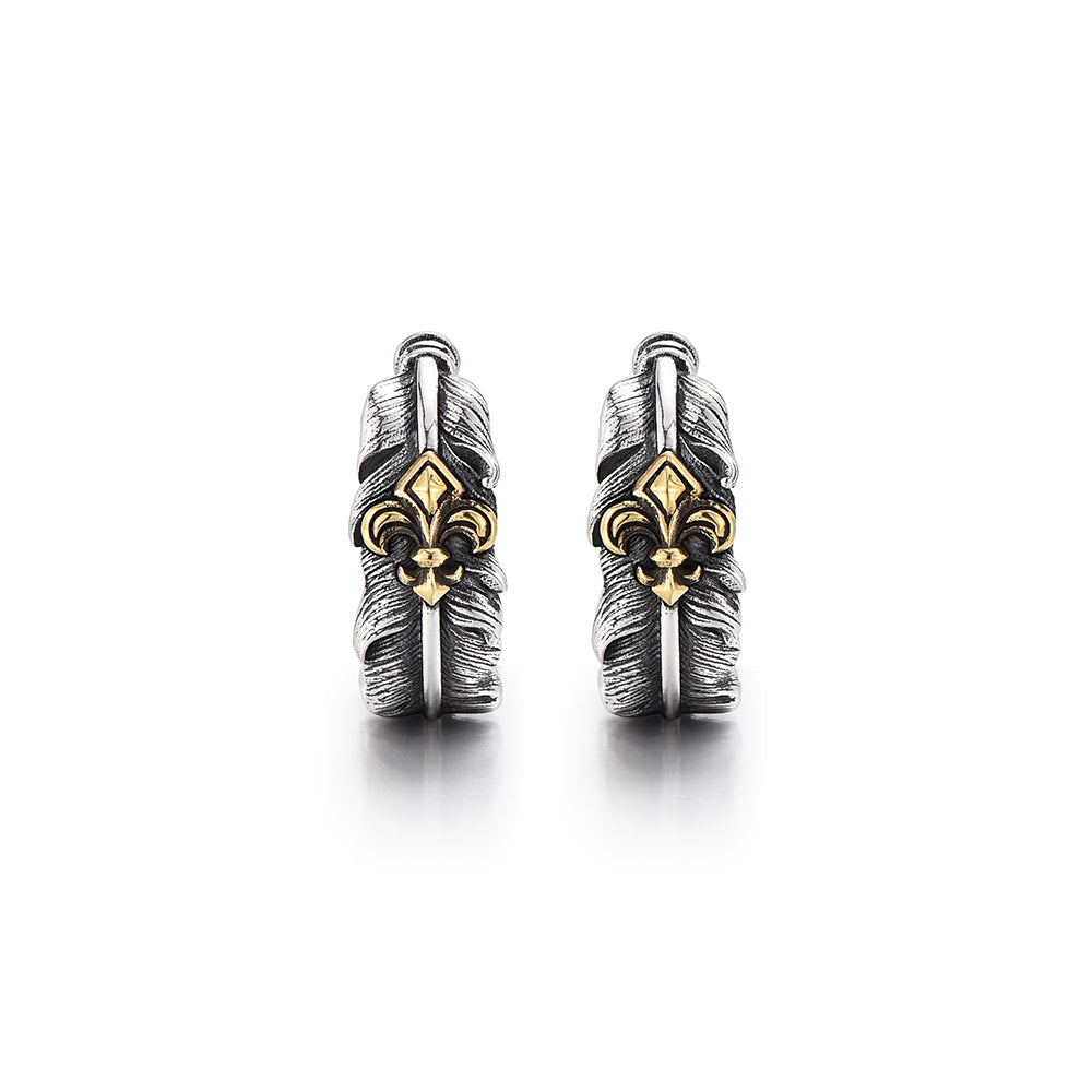 Vintage Two-Tone Fleur-de-lis Feather Hoop Earrings