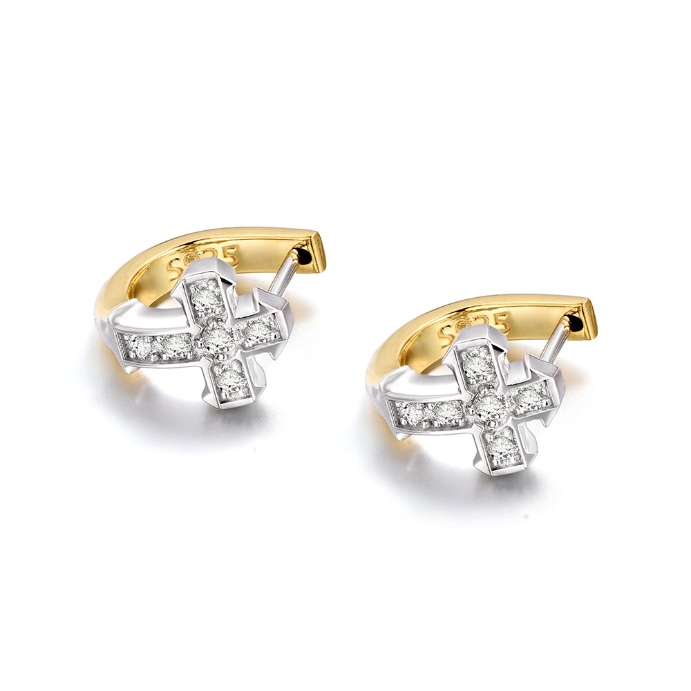 Two Tone Iced Cross Hoop Earrings