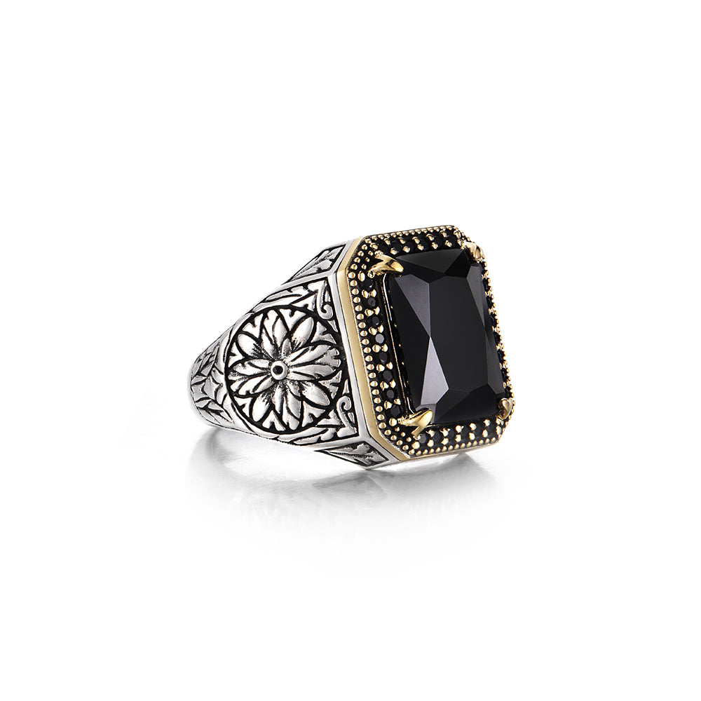 Vintage Floral Black Onyx Signet Ring
