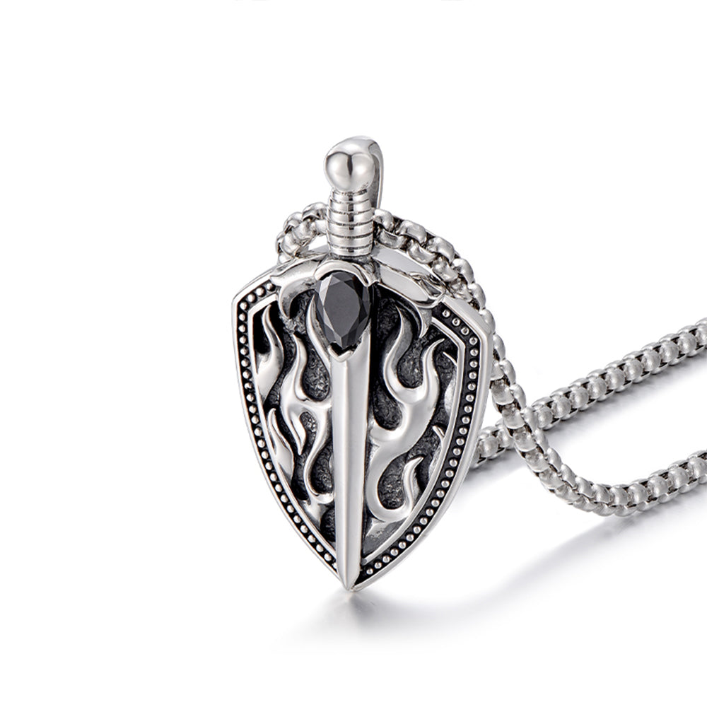 Vintage Flame Sword & Sheild Pendant