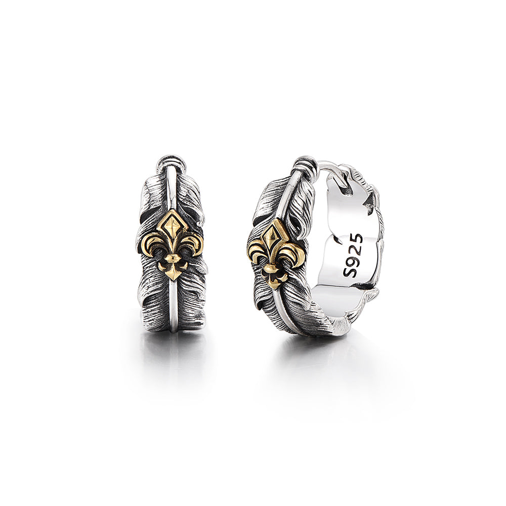 Vintage Two-Tone Fleur-de-lis Feather Hoop Earrings