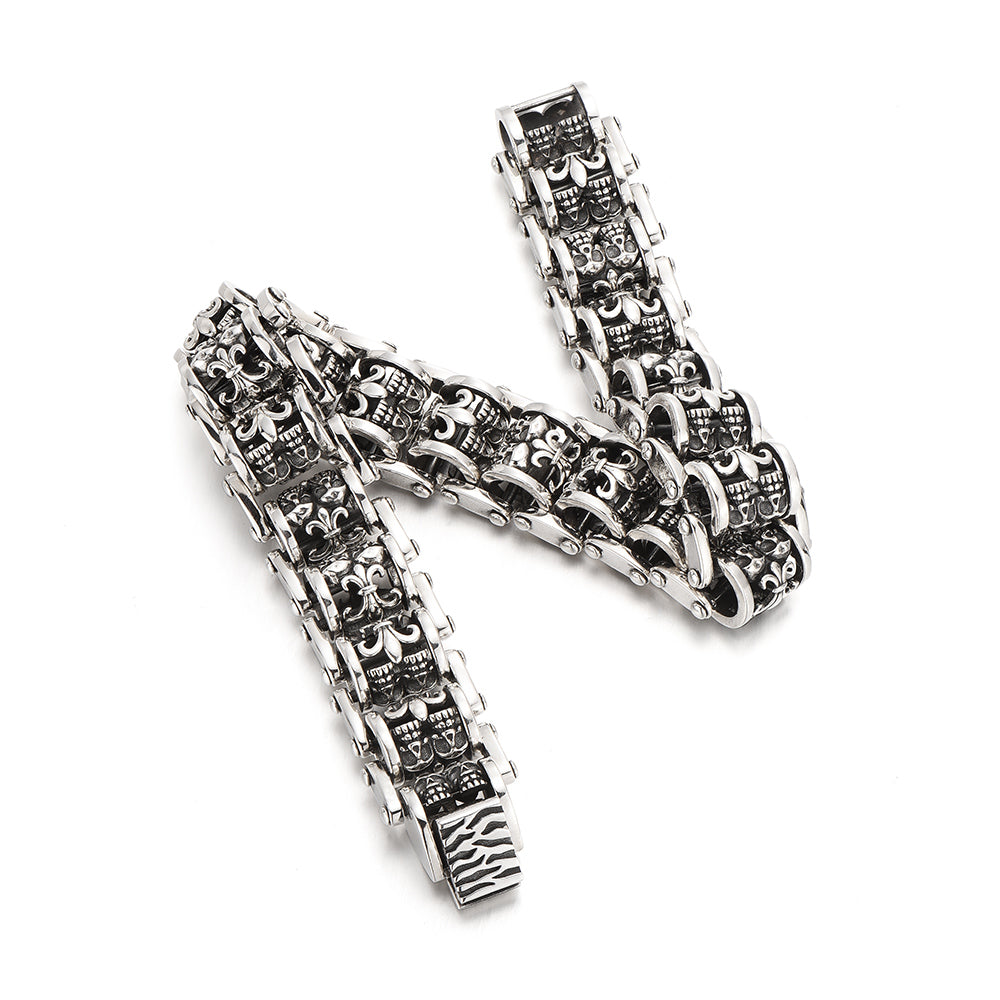 Vintage Fleur-De-Lis Skull Roller Chain Bracelet