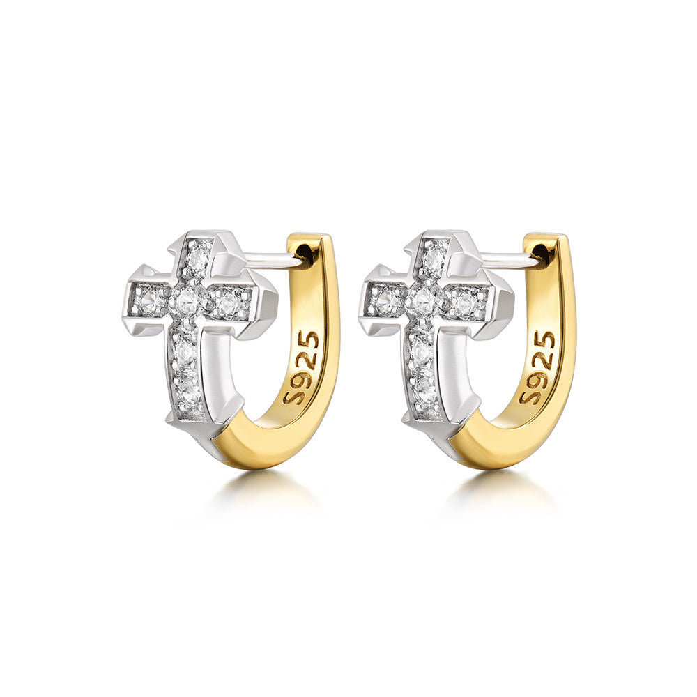 Two Tone Iced Cross Hoop Earrings