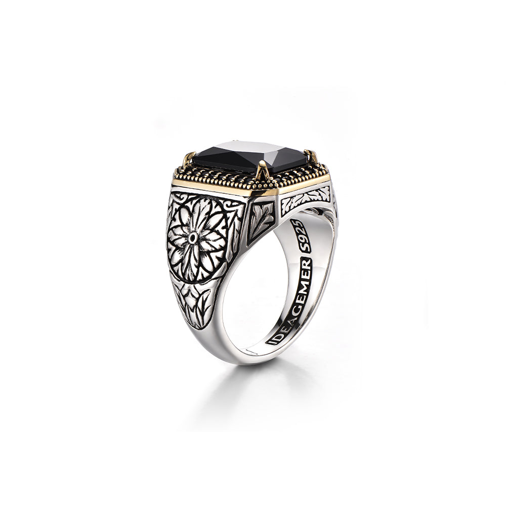 Vintage Floral Black Onyx Signet Ring