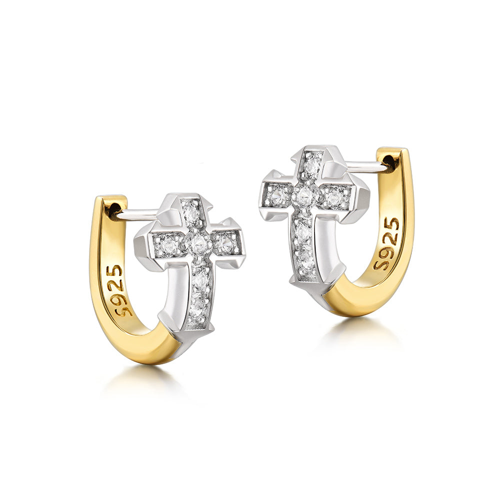 Two Tone Iced Cross Hoop Earrings
