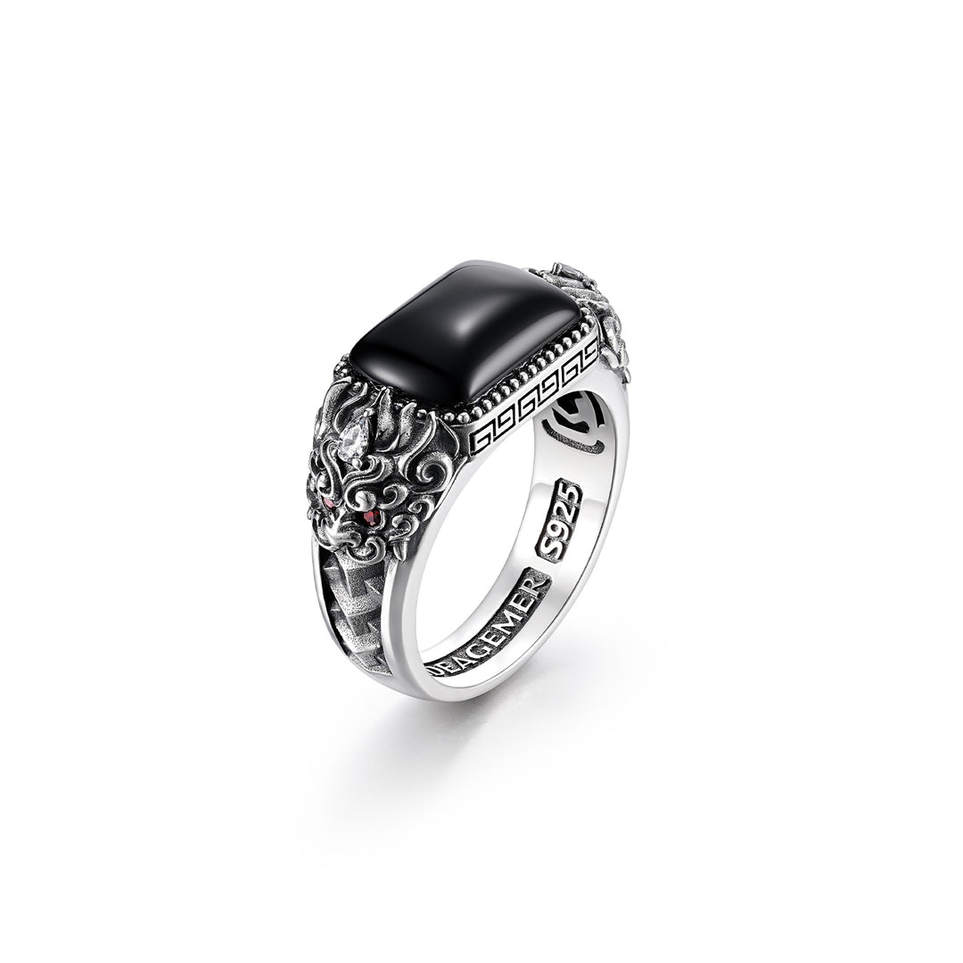 Vintage Guardian Beast Black Onyx Armor Ring