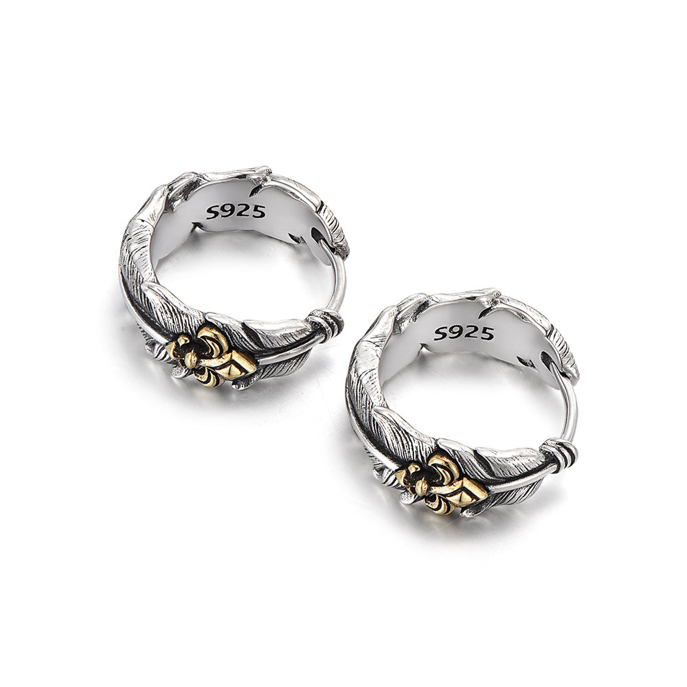 Vintage Two-Tone Fleur-de-lis Feather Hoop Earrings