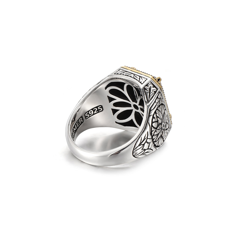 Vintage Floral Black Onyx Signet Ring