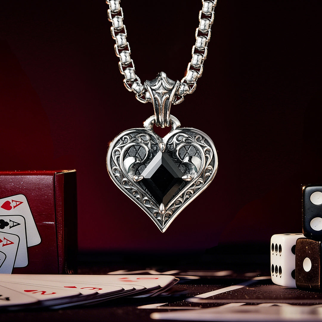 Vintage Black Gem Heart Suit Pendant