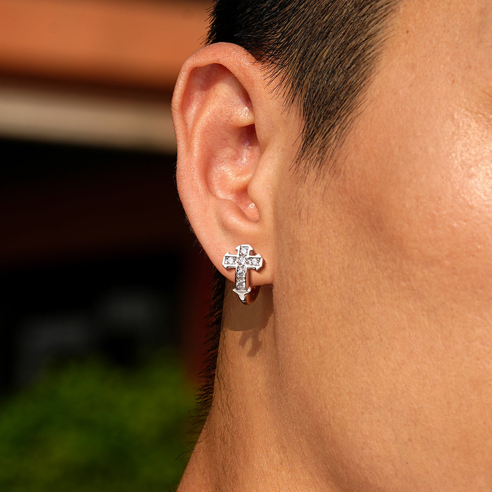 Two Tone Iced Cross Hoop Earrings