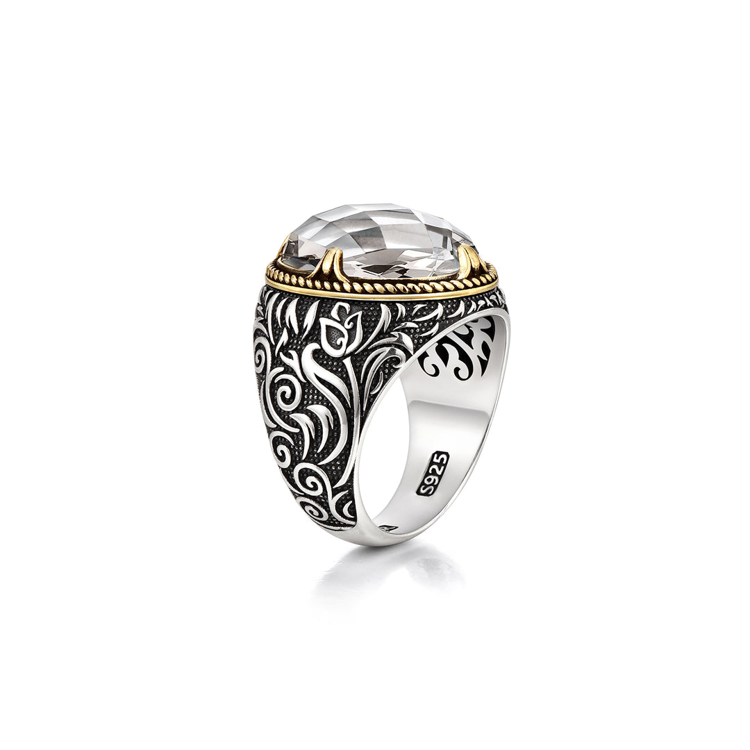 Vintage Runes Clear Quartz Signet Ring