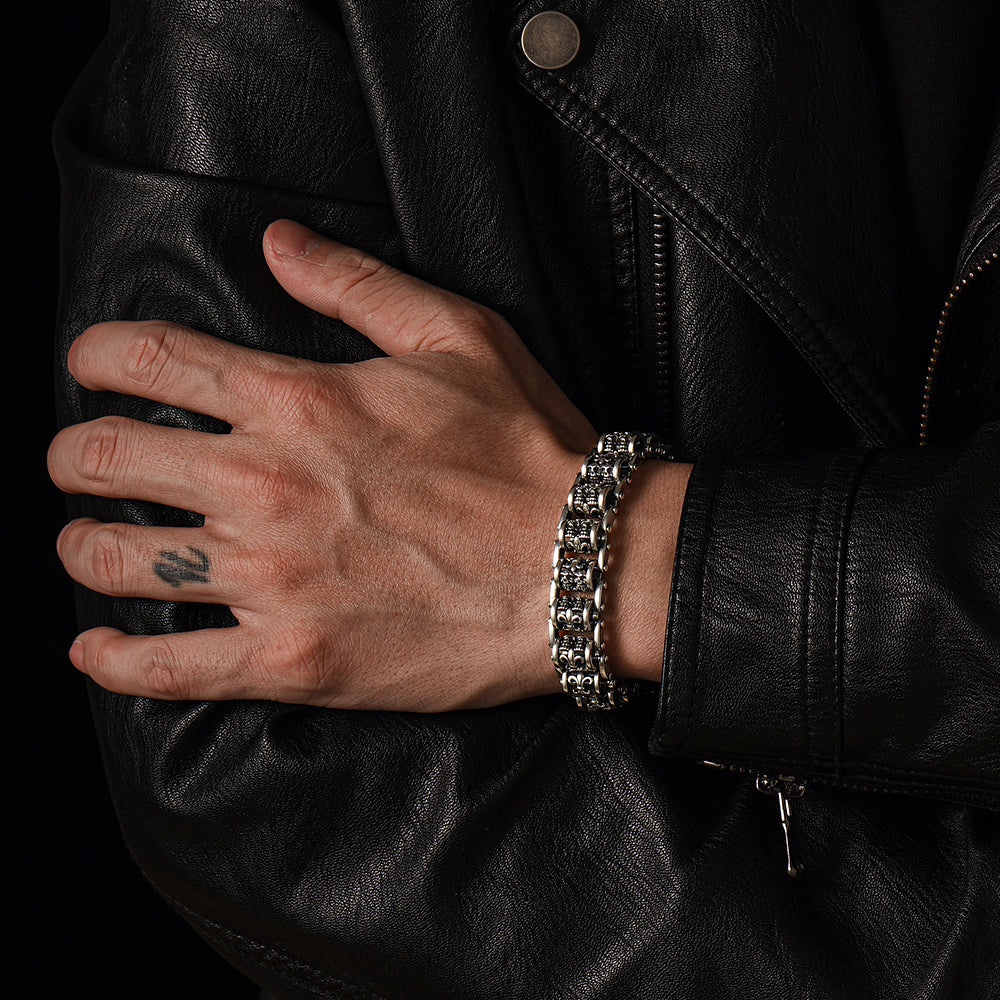 Vintage Fleur-De-Lis Skull Roller Chain Bracelet