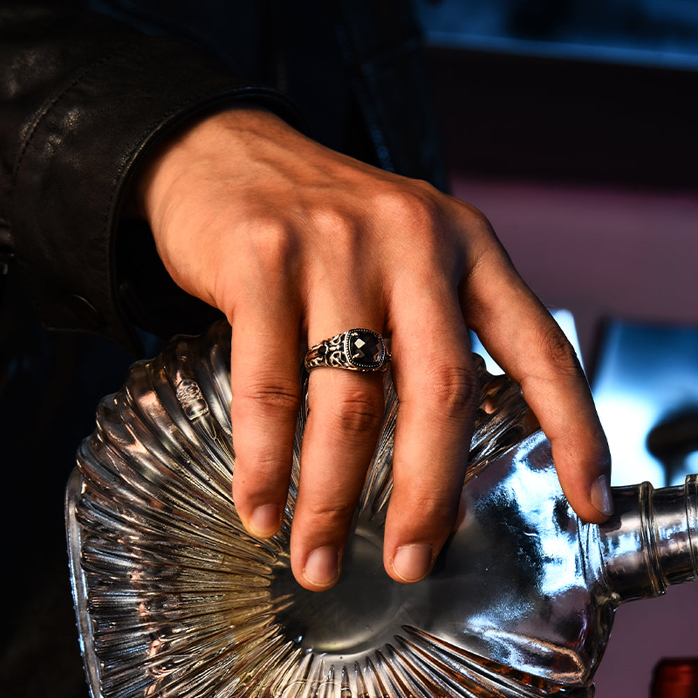 Vintage Flame Sword Black Onyx Signet Ring