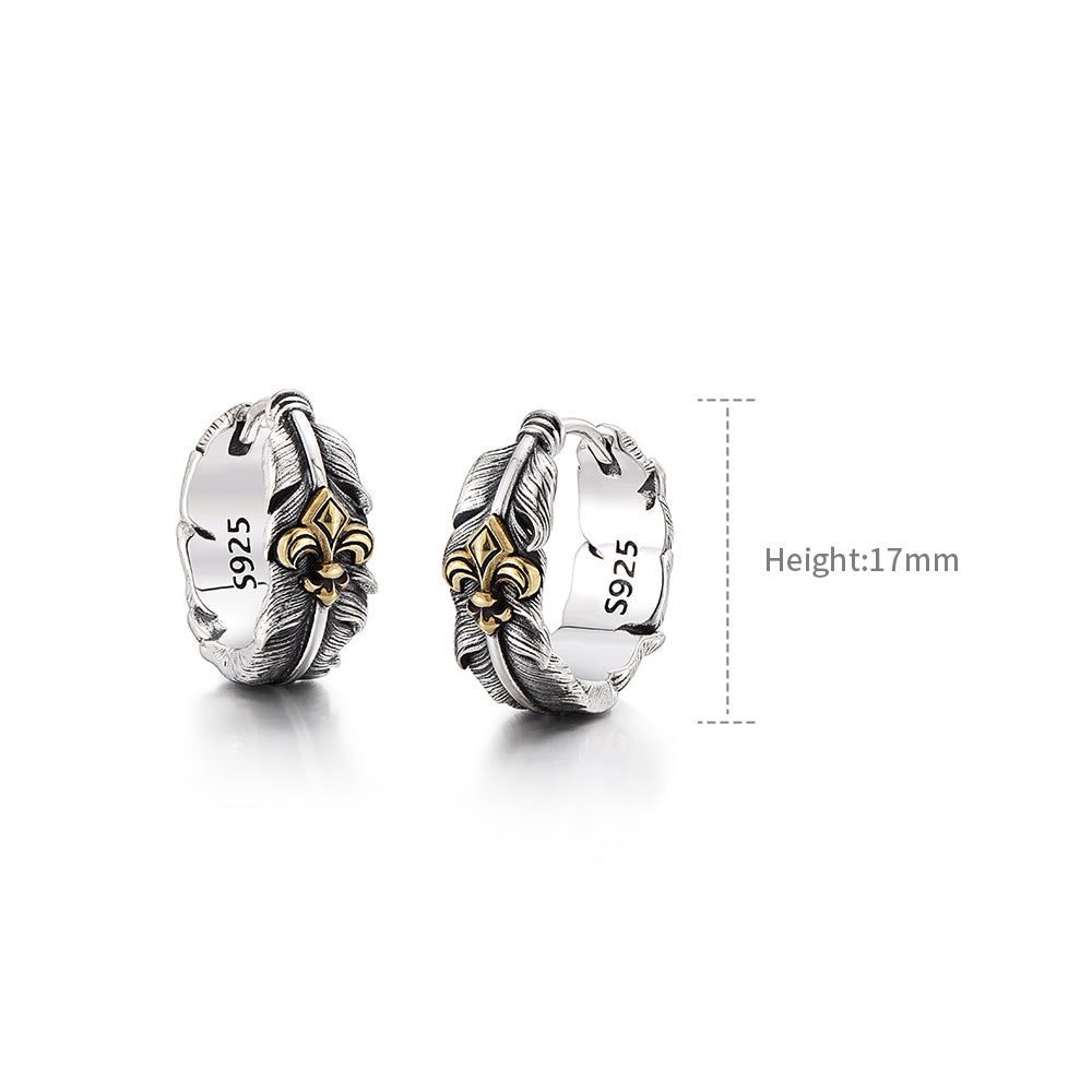 Vintage Two-Tone Fleur-de-lis Feather Hoop Earrings