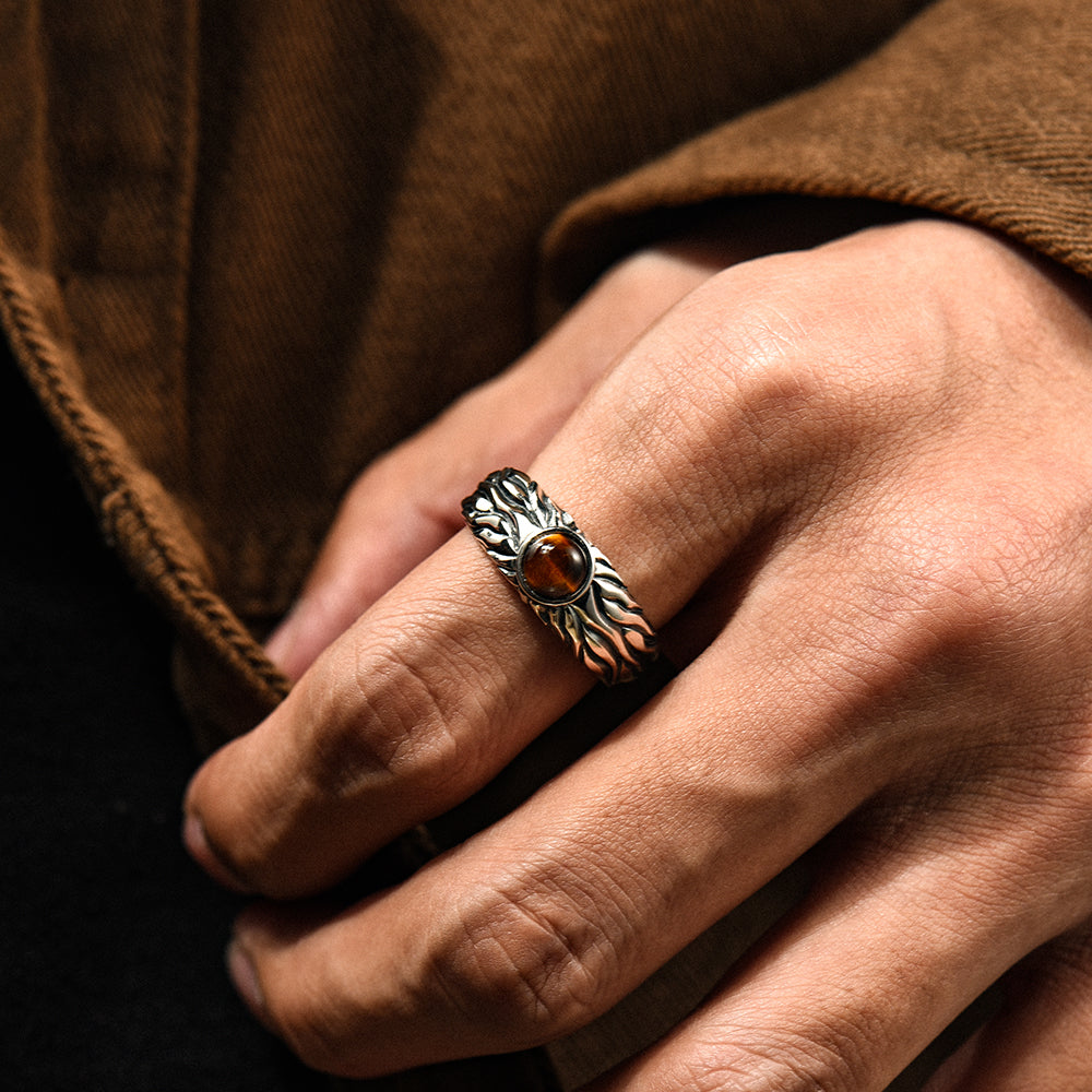 Vintage Sun Motif Tiger Eye Stone Ring Band