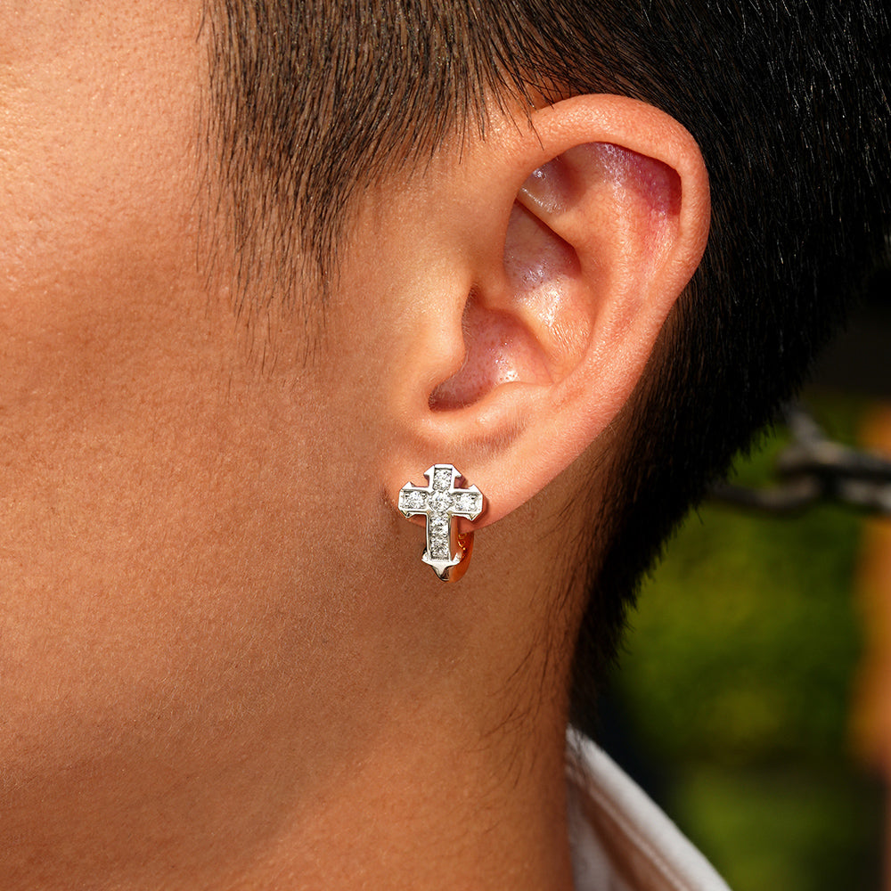 Two Tone Iced Cross Hoop Earrings