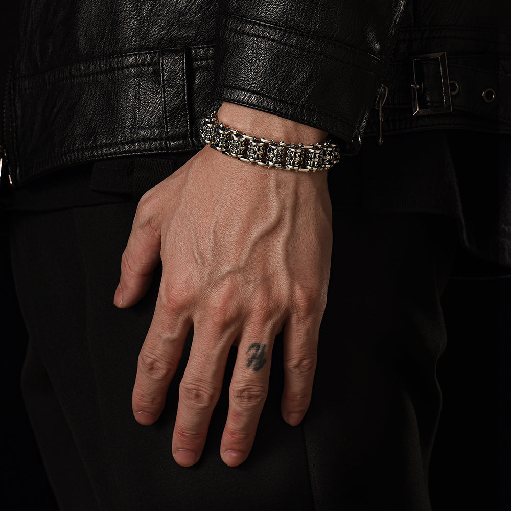 Vintage Fleur-De-Lis Skull Roller Chain Bracelet