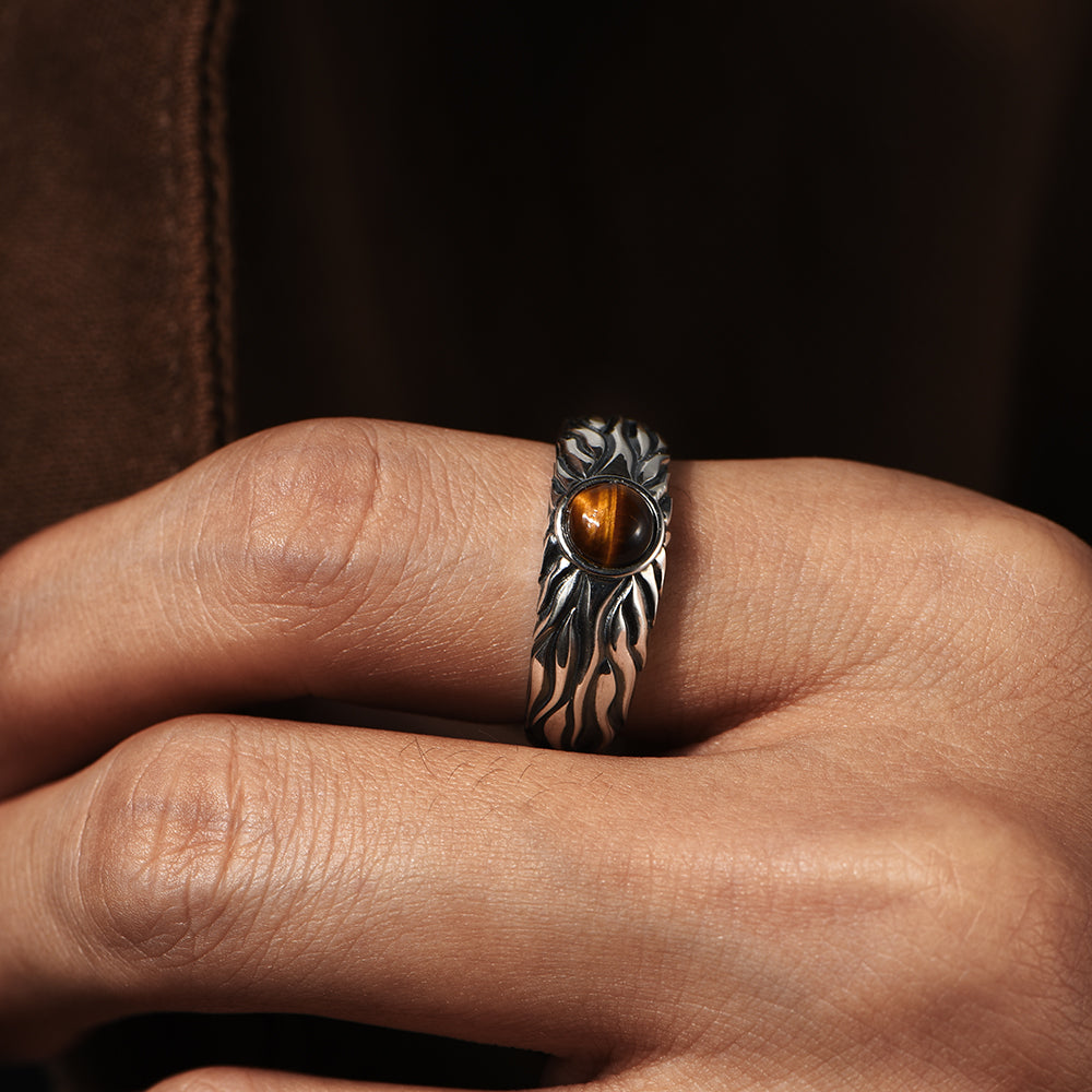 Vintage Sun Motif Tiger Eye Stone Ring Band