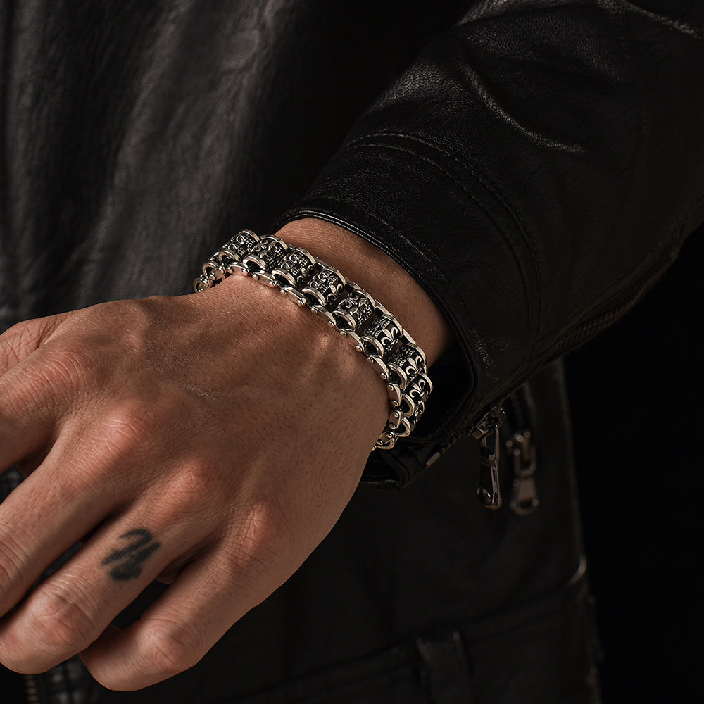 Vintage Fleur-De-Lis Skull Roller Chain Bracelet