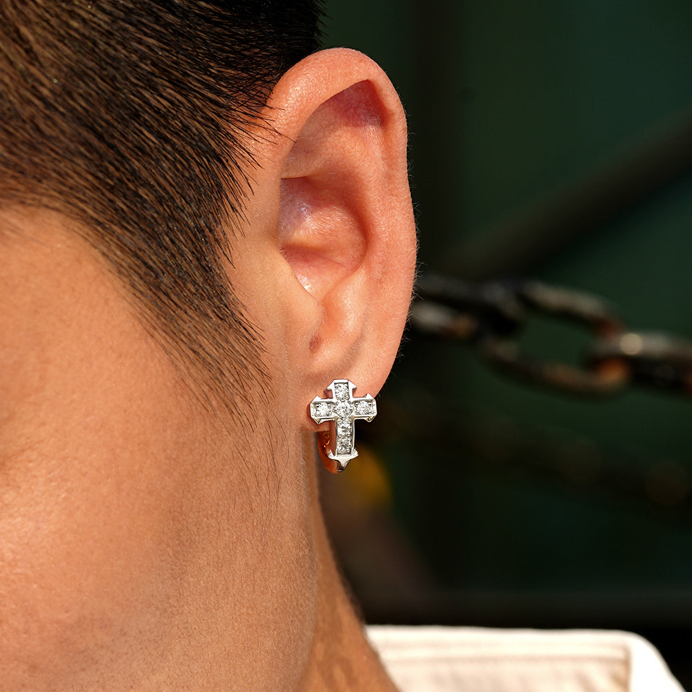 Two Tone Iced Cross Hoop Earrings
