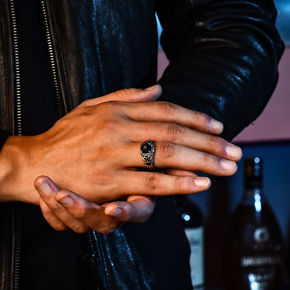 Vintage Flame Sword Black Onyx Signet Ring