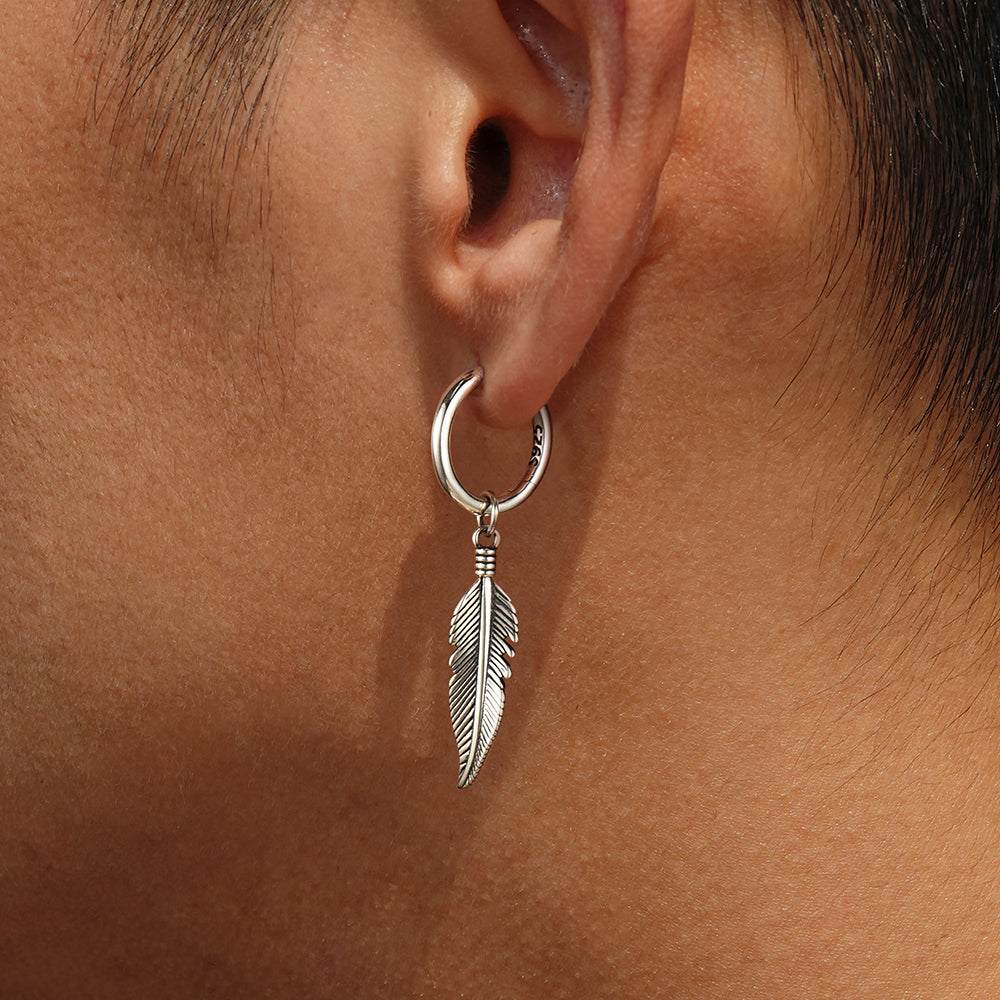 Feather Drop Hoop Earrings