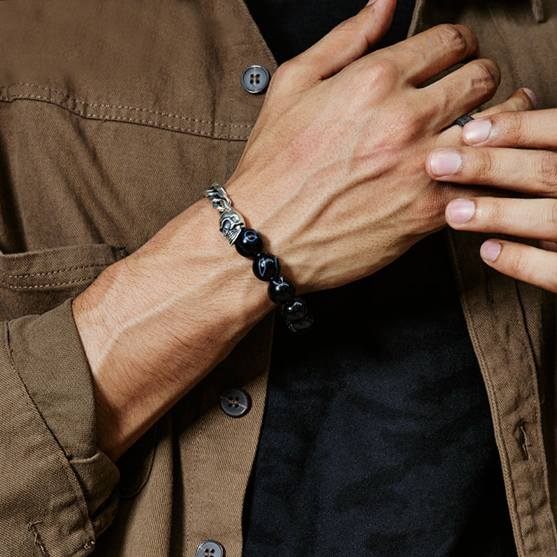 Black Obsidian & Skull Cuban Link Bracelet