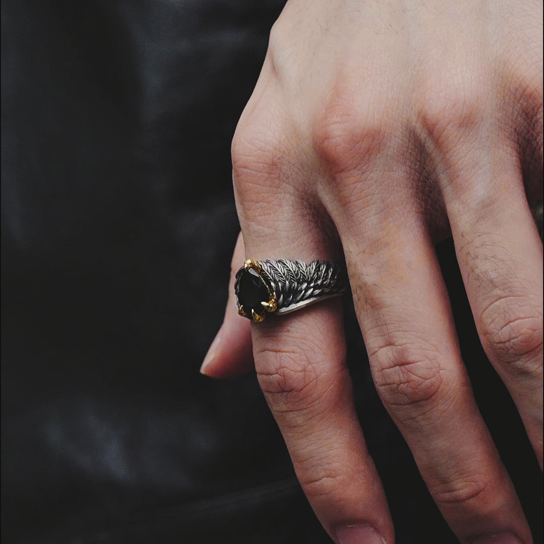Vintage Black Onyx Spirit Eagle Spiral Wings Ring