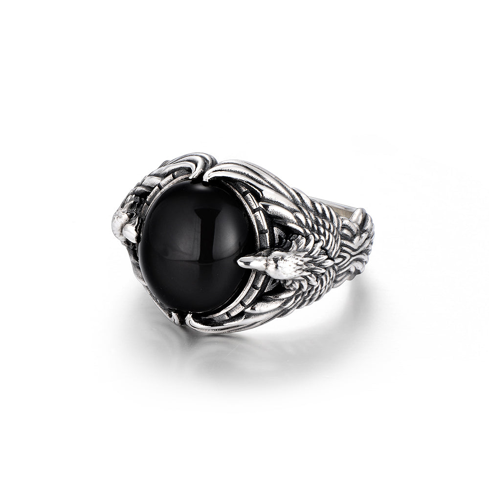 IDEAGEMER Vintage Eagle Sterling Silver Black Onyx Rings