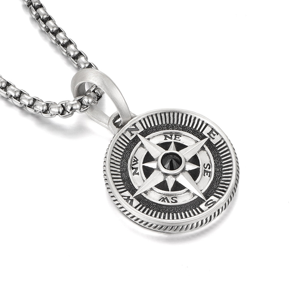 IDEAGEMER Compass Sterling Silver Necklace Hip Hop Pendants