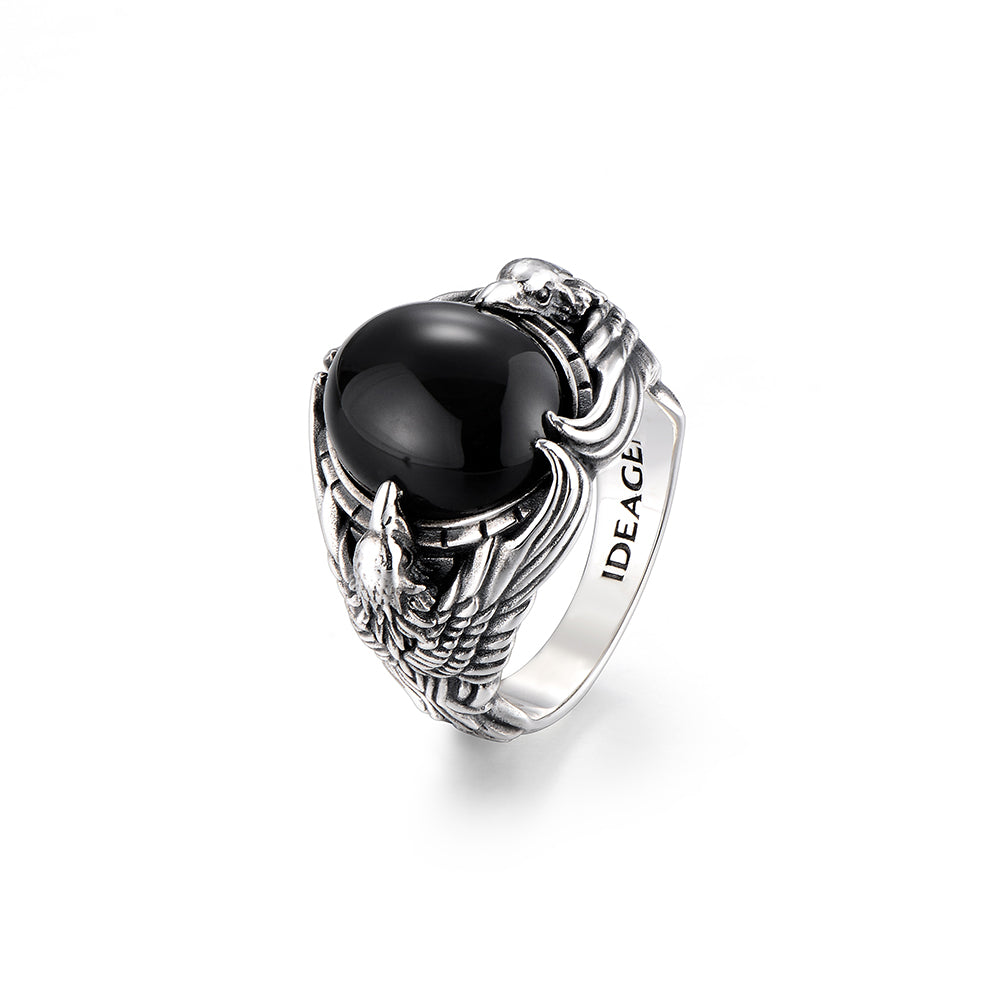 IDEAGEMER Vintage Eagle Sterling Silver Black Onyx Rings