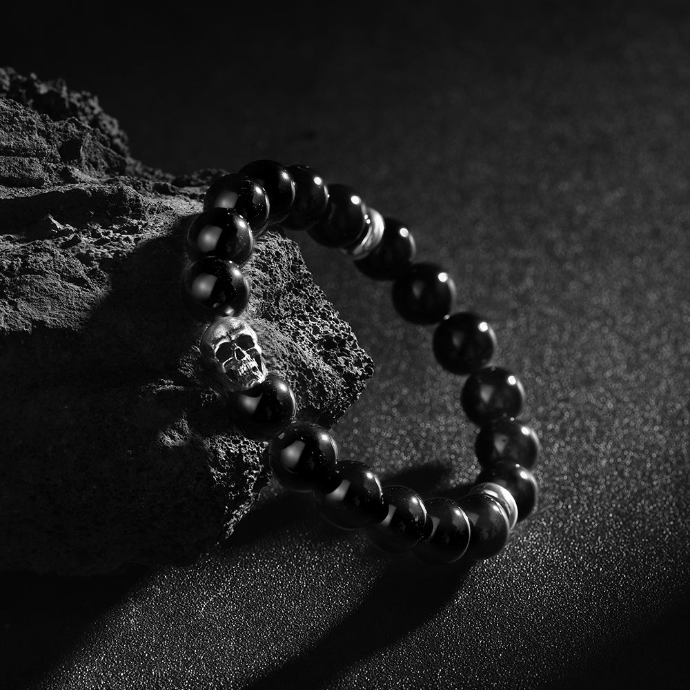 IDEAGEMER Sterling Silver Obsidian Skull Beaded Bracelets
