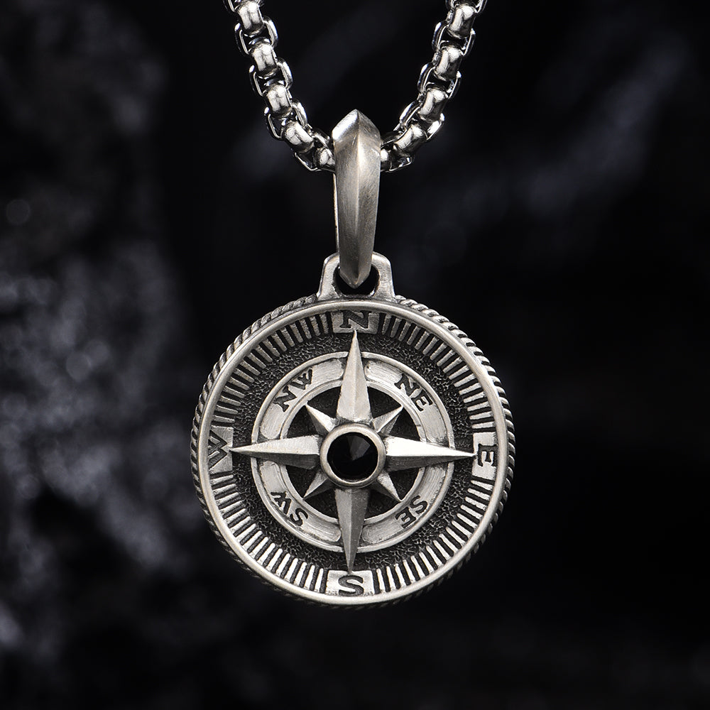 IDEAGEMER Compass Sterling Silver Necklace Hip Hop Pendants