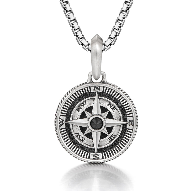 IDEAGEMER Compass Sterling Silver Necklace Hip Hop Pendants